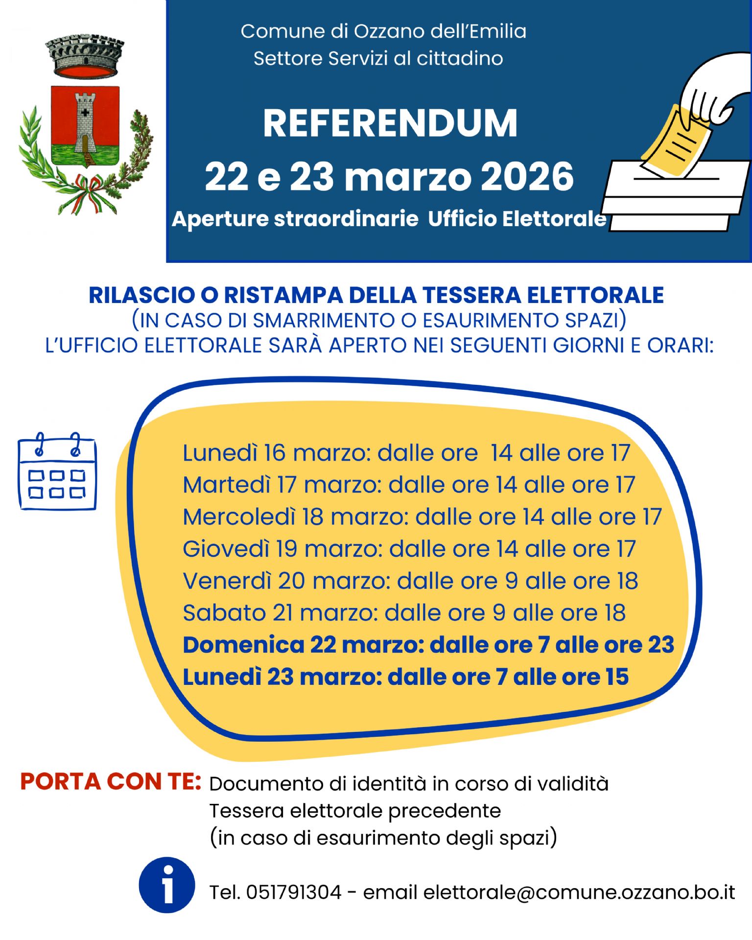Referendum 22 e 23 marzo 2026: Aperture straordinarie Ufficio Elettorale
