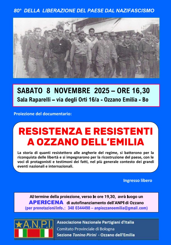 ANPI Ozzano - 8/11/25: Proiezione documentario "Resistenza e Resistenti a Ozzano dell'Emilia"