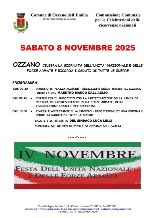 8 novembre 2025: Ozzano celebra la giornata dell'Unità nazionale e delle Forze Armate e ricorda i Caduti di tutte le guerre
