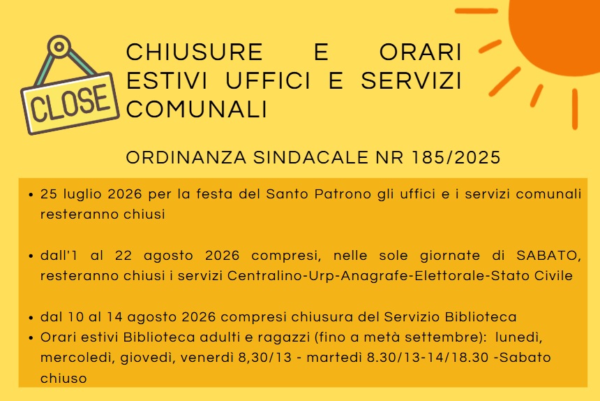 Chiusure e orari estivi uffici e servizi comunali - mesi estivi 2026