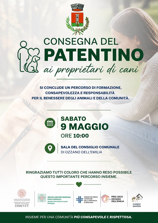 Cerimonia consegna patentino cani: sabato 9 maggio, in municipio
