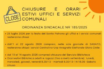 Chiusure e orari estivi uffici e servizi comunali - mesi estivi 2026